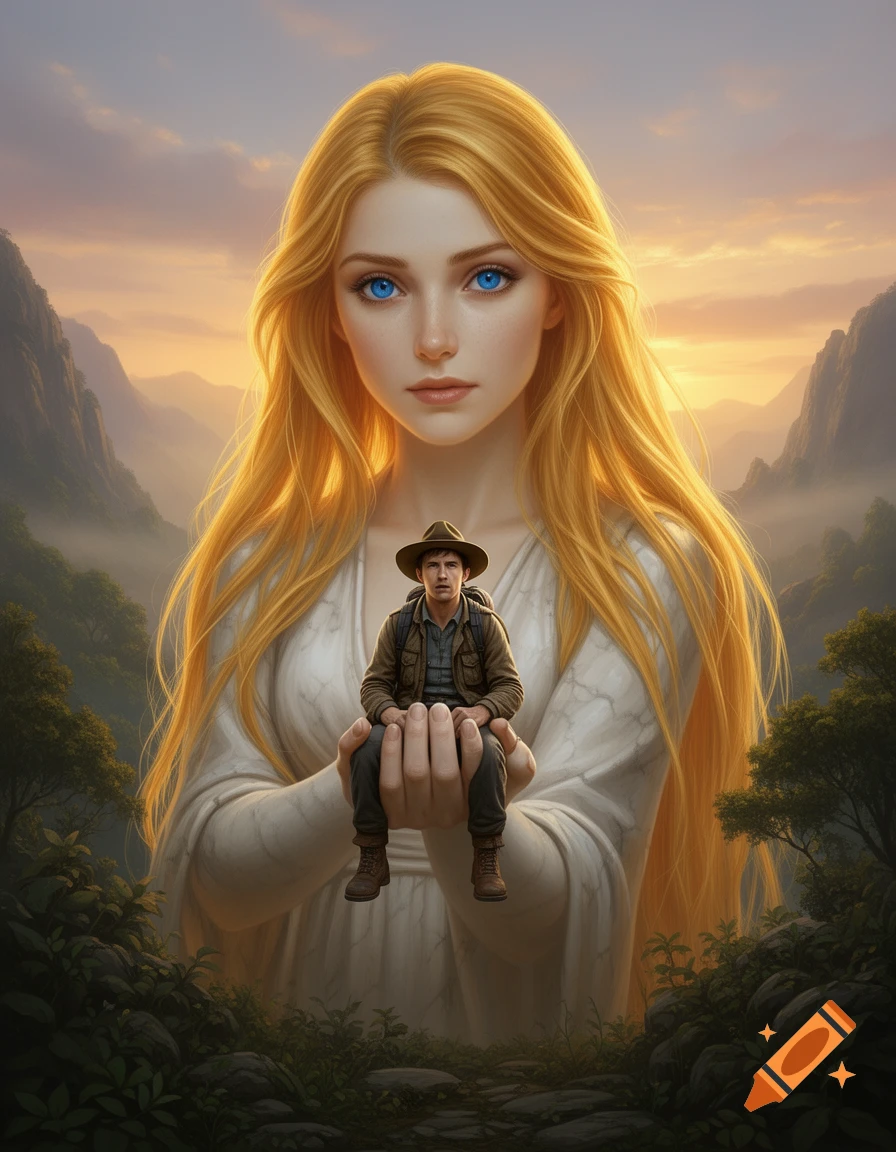 A blonde-haired, blue-eyed giantess cradles a tiny male explorer in her hands against a mountain sunset.