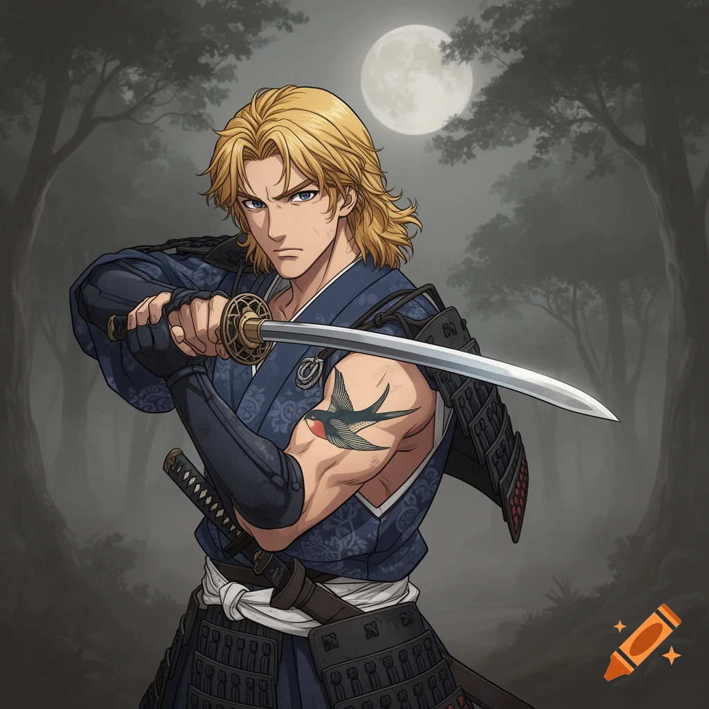 Anime-style blond samurai with a swallow tattoo, wearing blue armor, holding a katana in a foggy forest under a full moon.