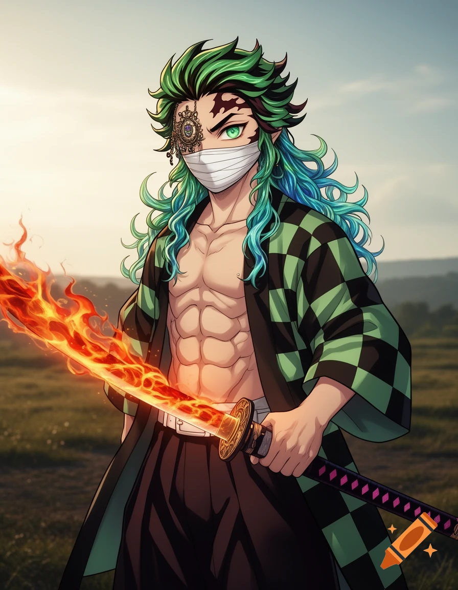 Anime character with green and blue hair, face mask, eye patch, bare chest, and checkered haori, holding a flaming katana outdoors.