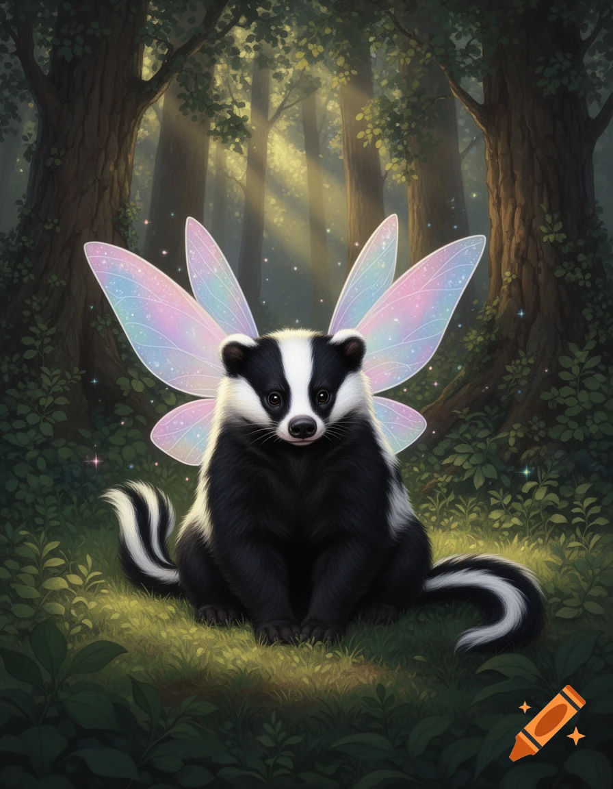 A stylized badger-like creature with black and white fur and iridescent fairy wings sits in a magical, sun-dappled forest.