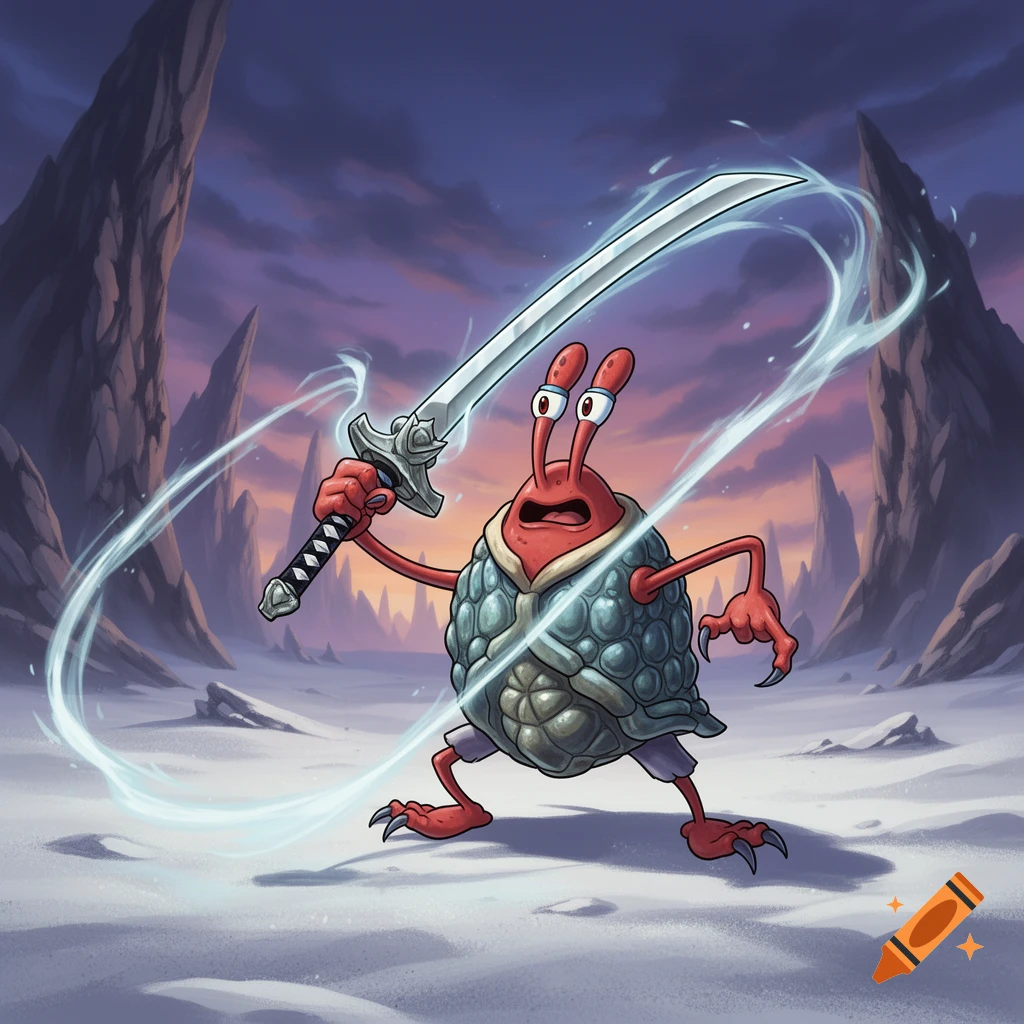 Mr. Krabs from SpongeBob SquarePants, wearing a turtle shell and shorts, wields a katana-like sword with blue energy in a desolate, snowy, rocky landscape under a purple sky.