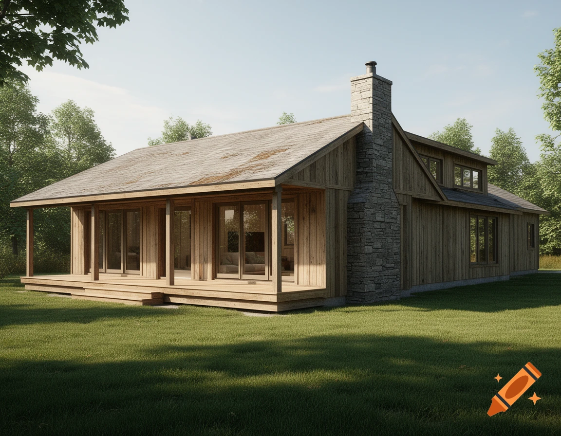 Photorealistic rendering of a rustic wooden cabin with a stone chimney and covered porch, surrounded by green grass and trees.
