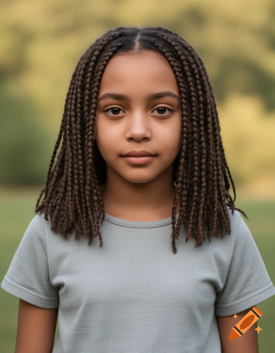 Photorealistic portrait of a young girl with shoulder-length braided hair, wearing a grey t-shirt, looking at the camera.
