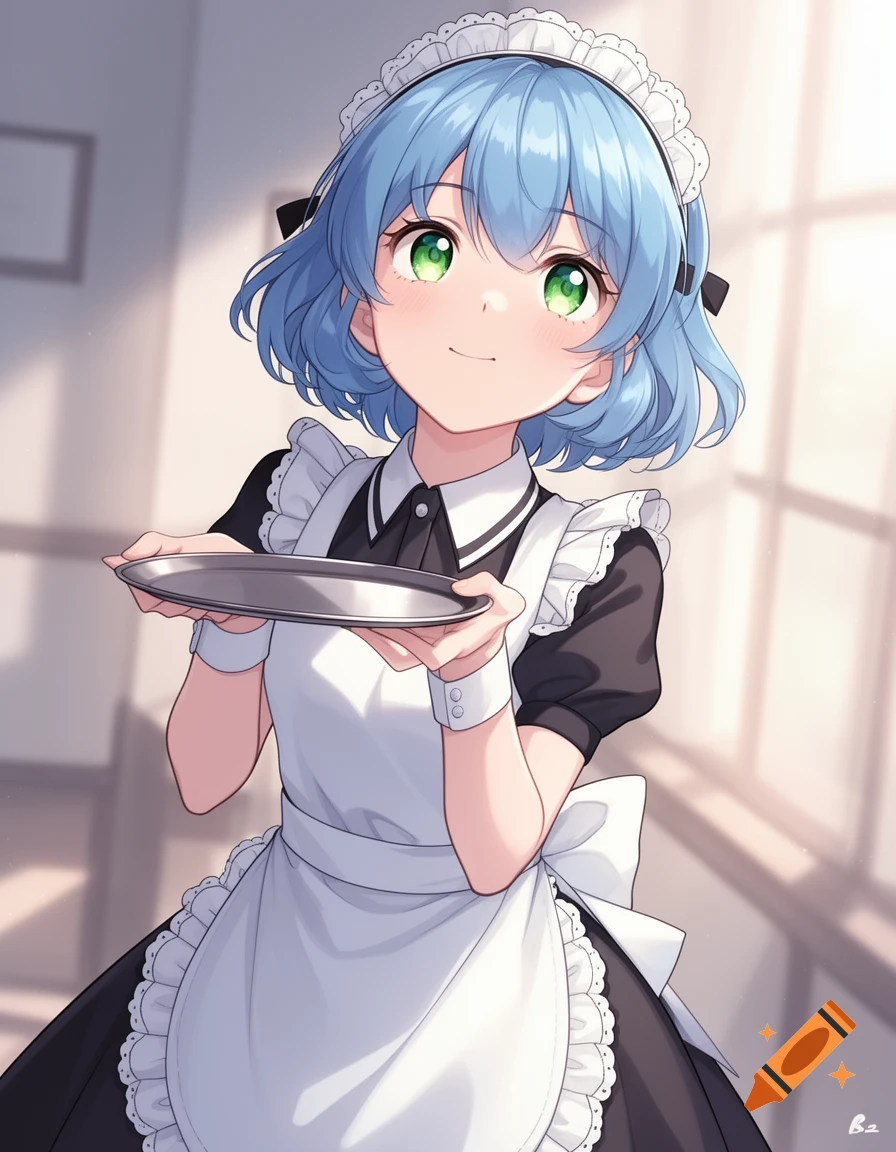 Anime girl with blue hair and green eyes, wearing a black and white maid outfit, smiling and holding an empty tray.