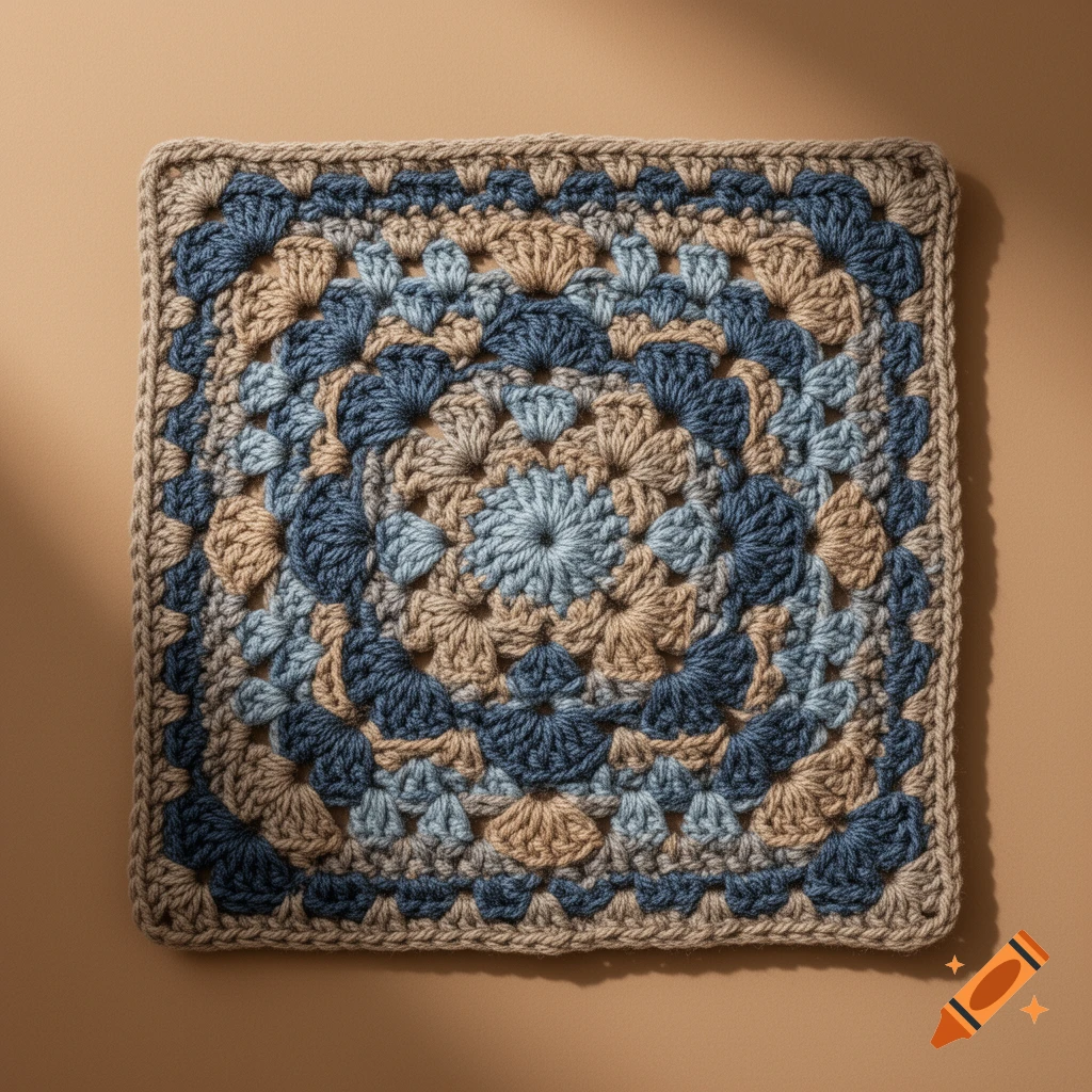 A square crochet granny square featuring a blue and tan geometric pattern, set on a plain tan background.