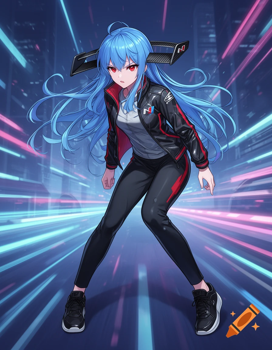 Anime girl with long blue hair, red eyes, and a black racing jacket with red accents. She has carbon fiber spoiler hair accessories and stands in a neon urban landscape.