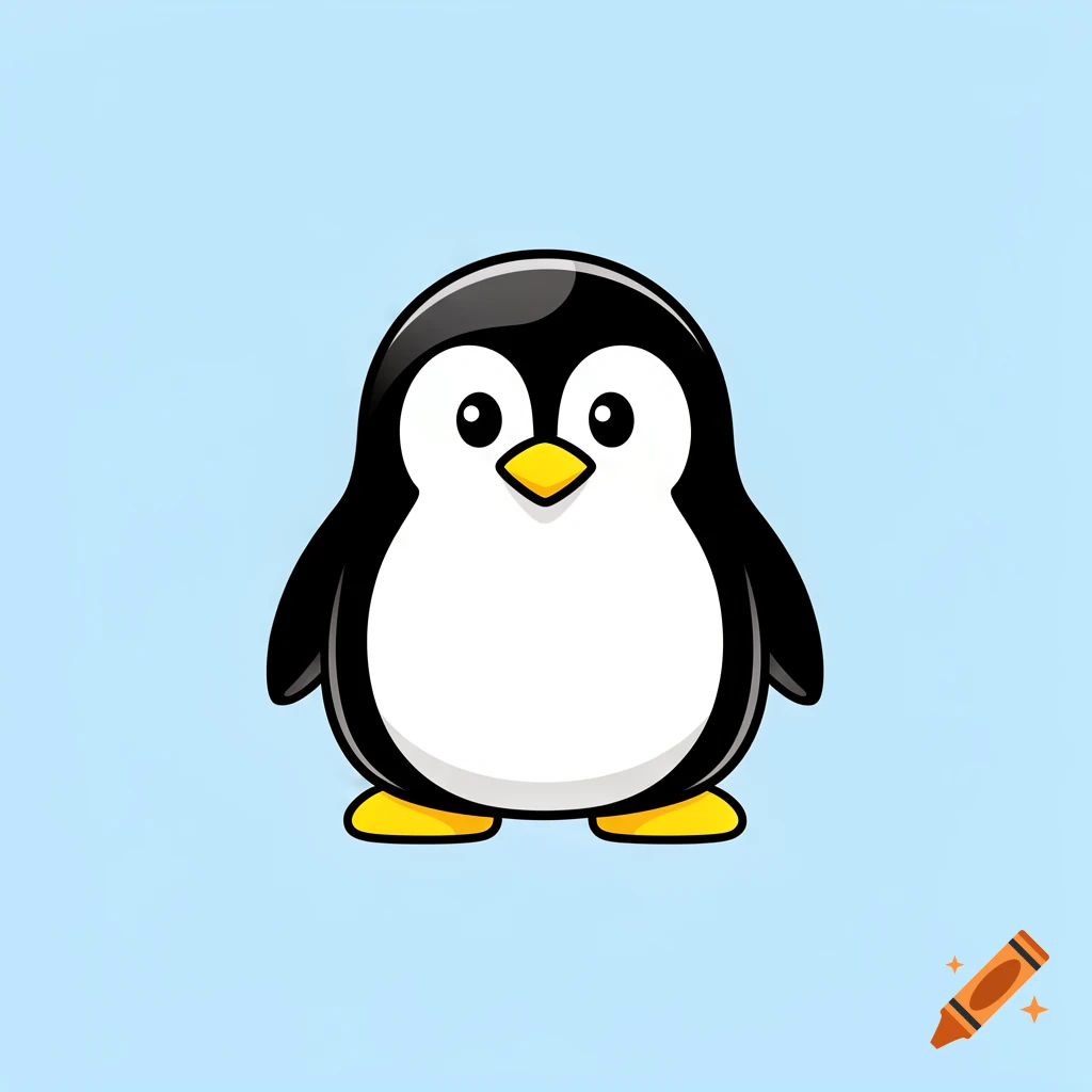 A cute cartoon penguin with black and white body, yellow beak, and yellow feet on a light blue background.