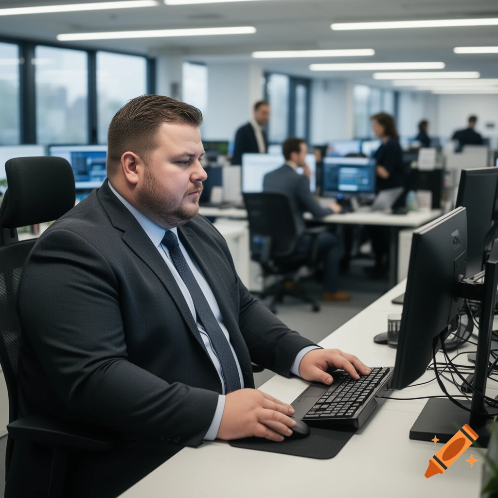 A man in a suit works at a computer in a modern office with other employees in the background. Photorealistic style.