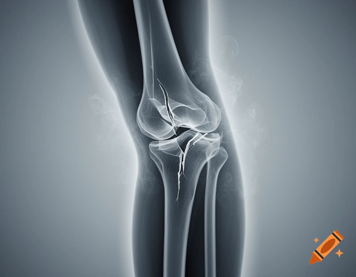 Stylized X-ray of a human knee joint with a fractured bone, on a gray background.