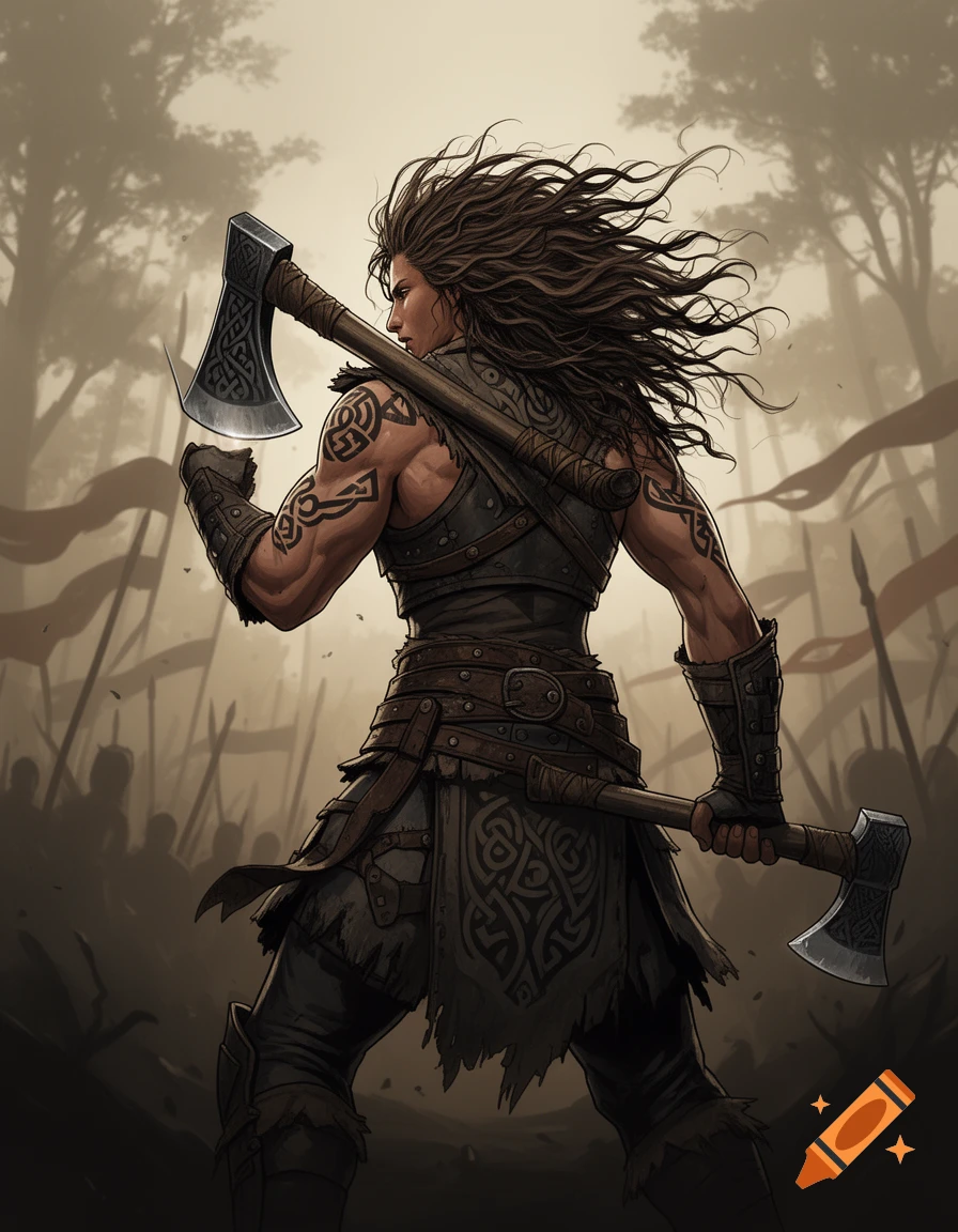 A muscular female warrior with long, flowing hair and tribal tattoos, seen from behind, holding two axes in a stylized forest battle.