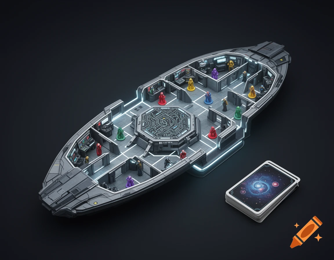 Top-down view of a sci-fi spaceship board game prototype with rooms, colorful tokens, and a stack of nebula-themed cards.