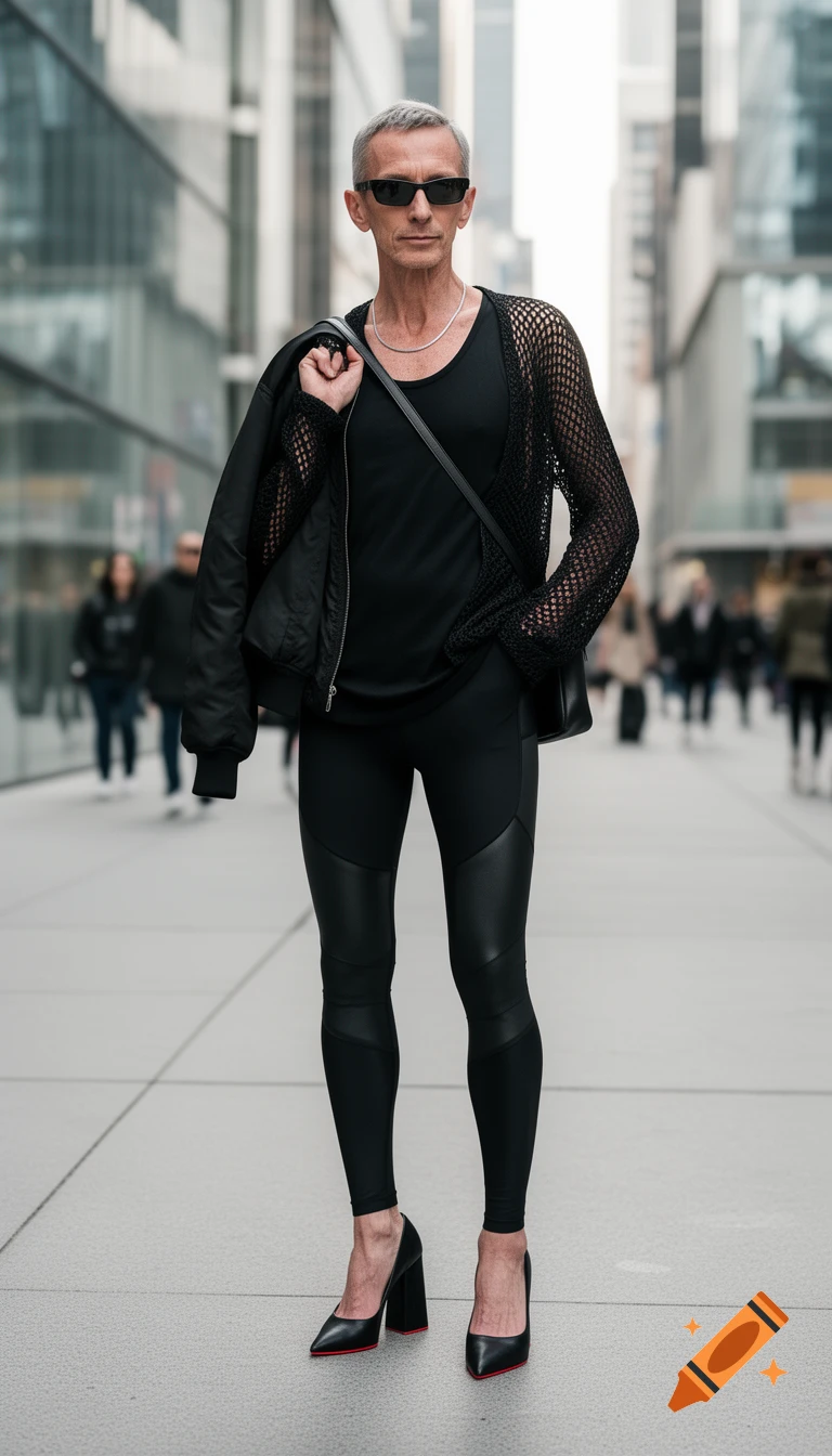 A slender man in a black mesh top, wet-look leggings, and black pumps with red soles, posing in a modern urban street style.