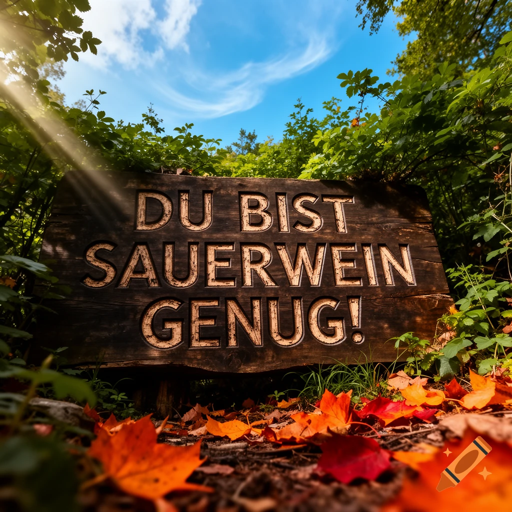 A low-angle shot of a wooden sign inscribed with "DU BIST SAUERWEIN GENUG!" in a vibrant autumn forest, with sunlight rays shining through green leaves and red fallen foliage on the ground.