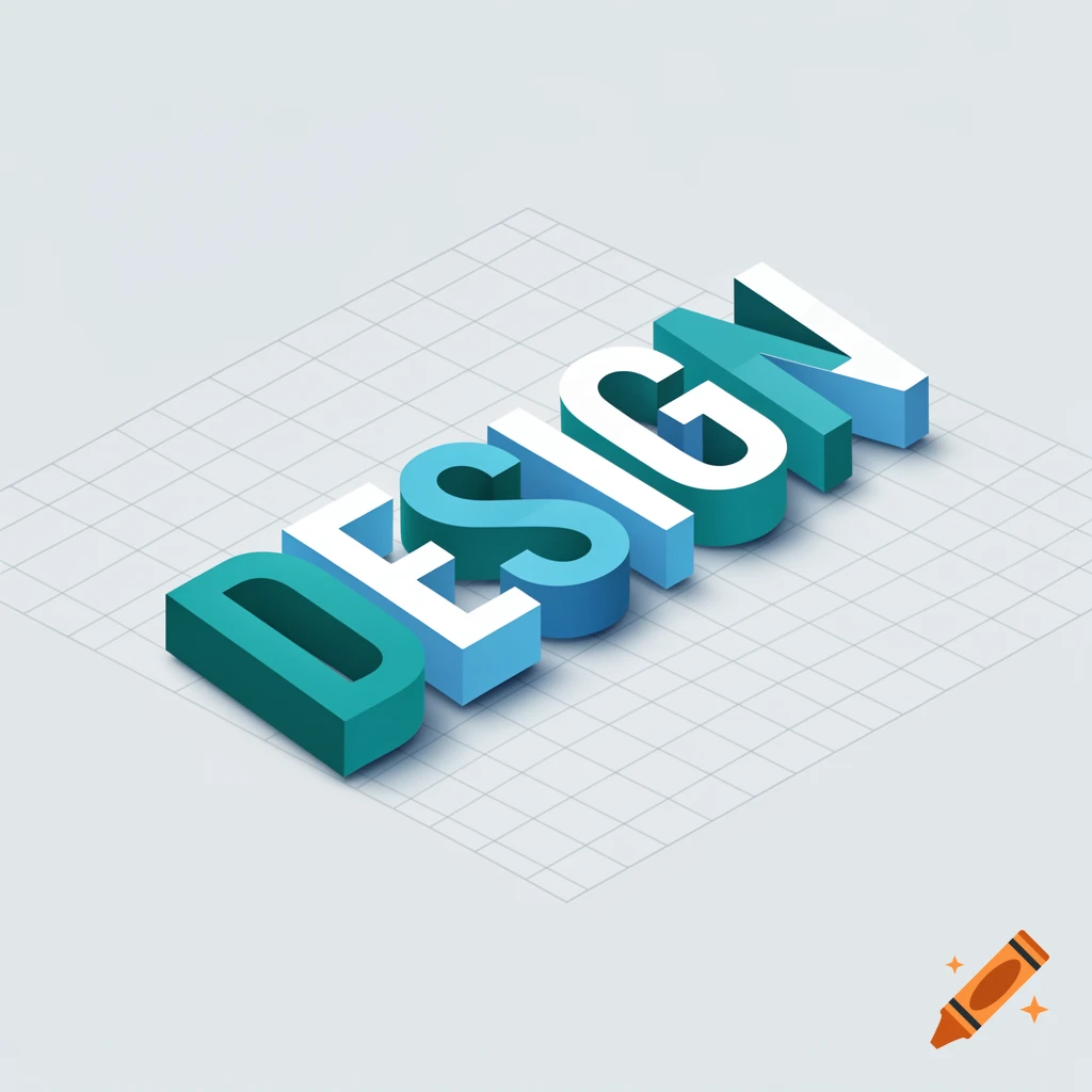 The word 'DESIGN' rendered in a 3D isometric style with teal, light blue, and white letters on a grid background.