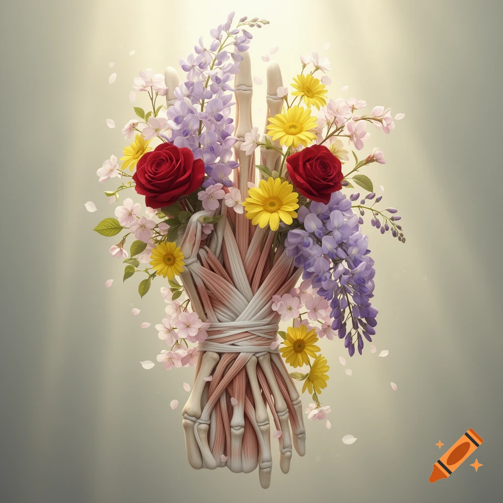 An artistic rendering of a skeletal and muscular hand holding a vibrant bouquet of red roses, purple wisteria, yellow daisies, and pink cherry blossoms.