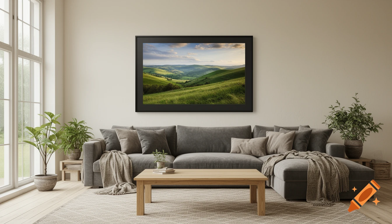 A modern living room with a grey sectional sofa, wooden coffee table, and plants, featuring a large framed landscape painting of green rolling hills on the wall.