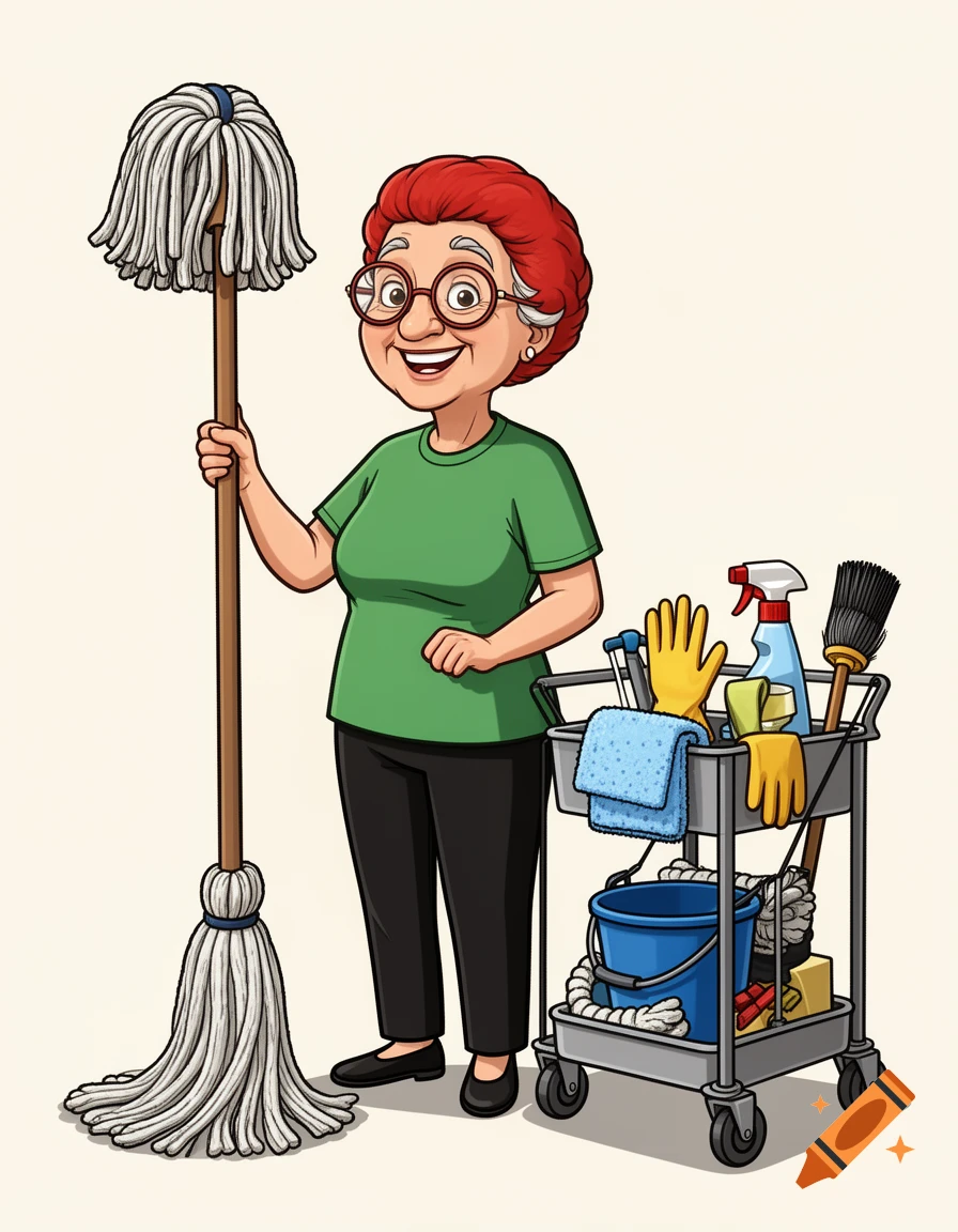 A cheerful, older cartoon cleaning lady with red hair and glasses, holding a mop next to a cleaning cart filled with supplies, on a neutral background.