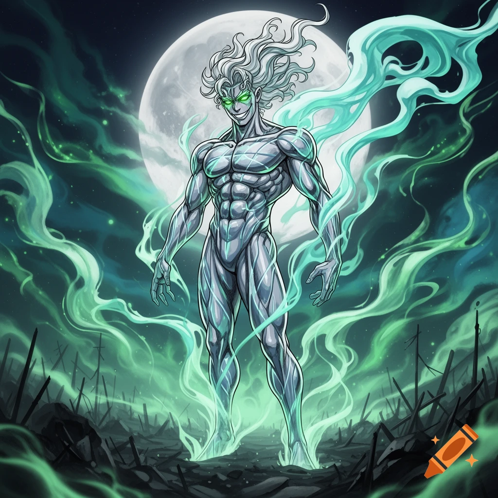 Muscular white-haired man with glowing green eyes and silvery body radiates green energy in a desolate landscape under a full moon, anime style.