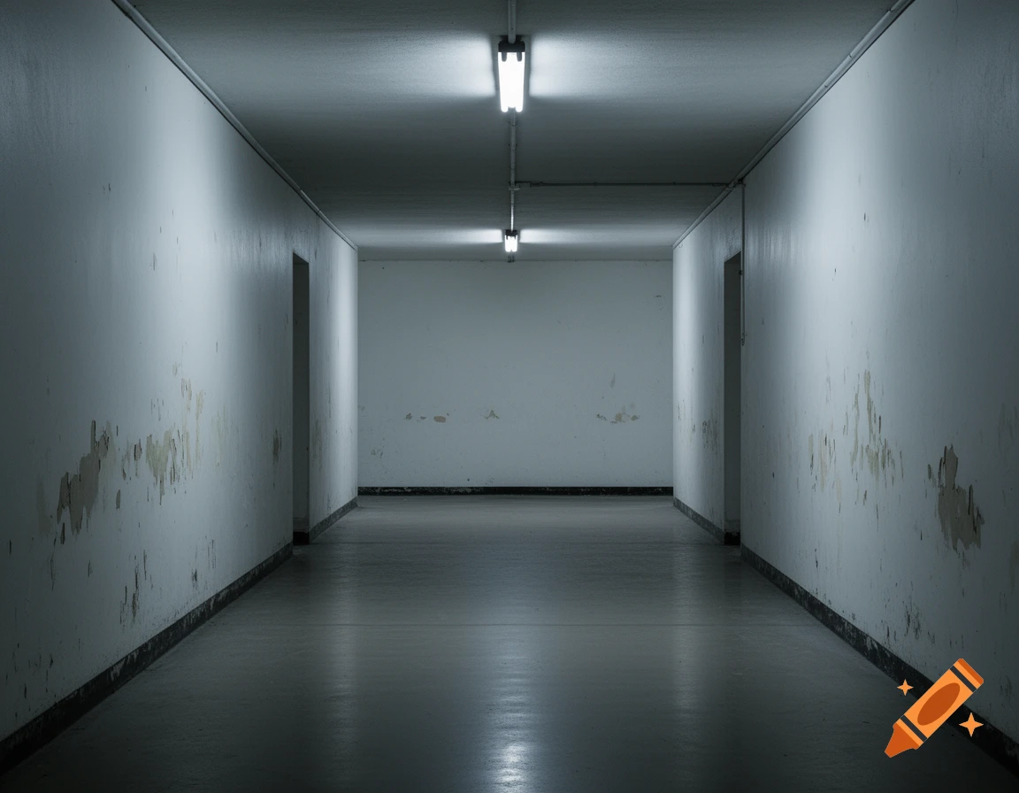 A long, dark, empty hallway with peeling paint on white walls and a polished grey floor, lit by two overhead fluorescent lights.