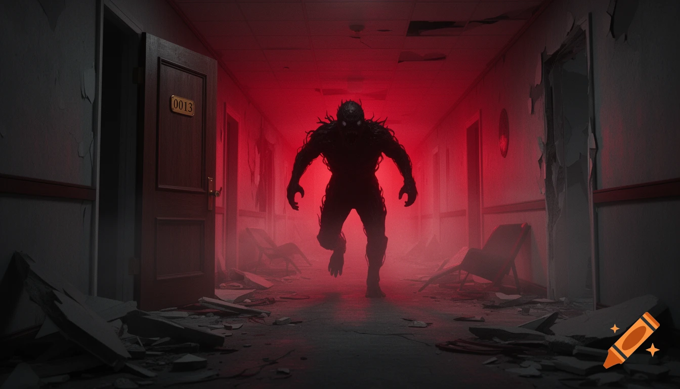 A terrifying shadowy humanoid monster emerges from a destroyed room in a red-lit, debris-strewn hotel hallway with door 0013. Photorealistic horror movie still.