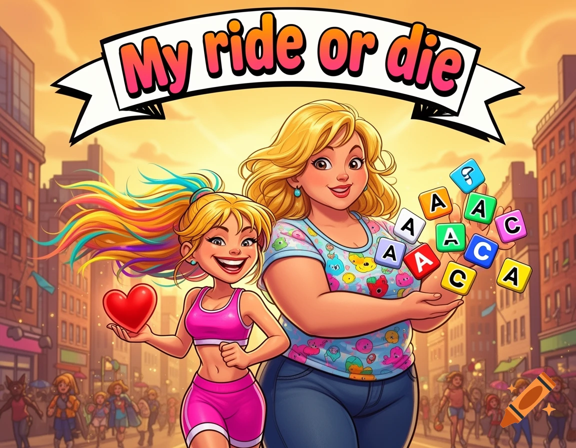 A cartoon illustration of two blonde women in a city street. One is a jogging woman holding a heart, the other holds letter tiles, with a banner that reads "My ride or die" above them.