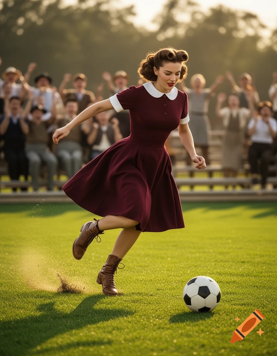 A woman in a 1950s-style burgundy dress and boots kicks a soccer ball on a sunny green field, with a cheering crowd in the background.