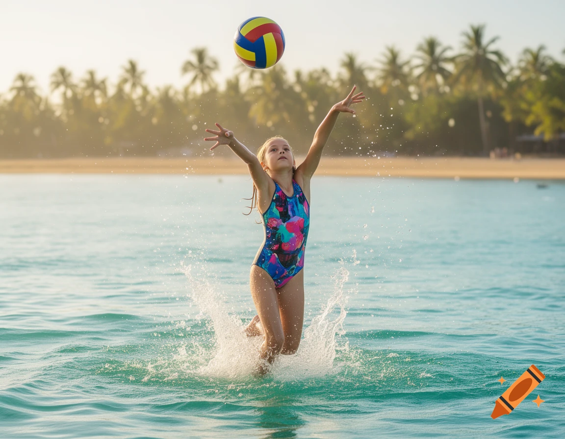 A young girl in a colorful swimsuit jumps in the ocean water, reaching for a volleyball with palm trees in the background.