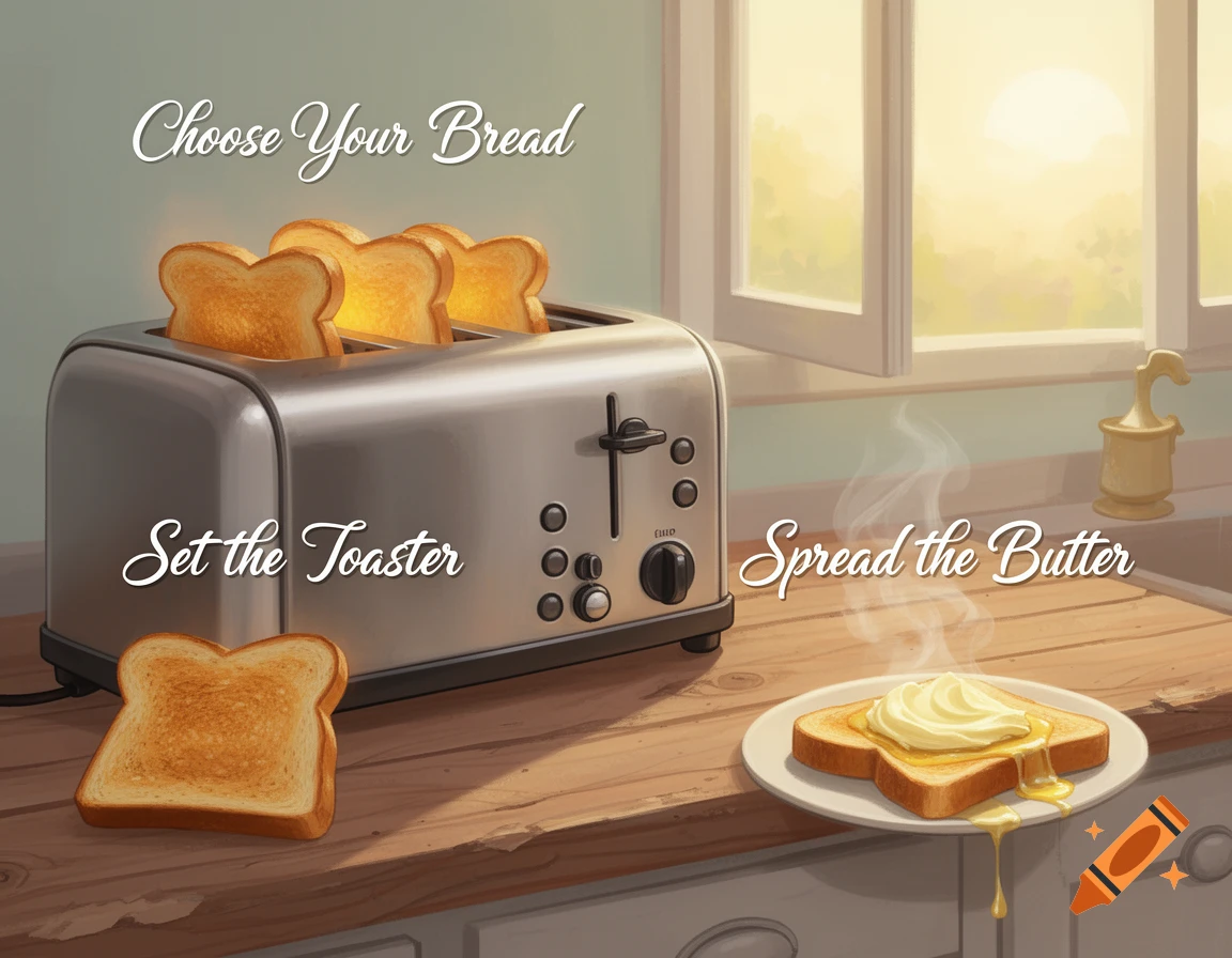 A stylized illustration showing three steps to make toast: choosing bread for a toaster, setting the toaster, and spreading butter on a finished slice.