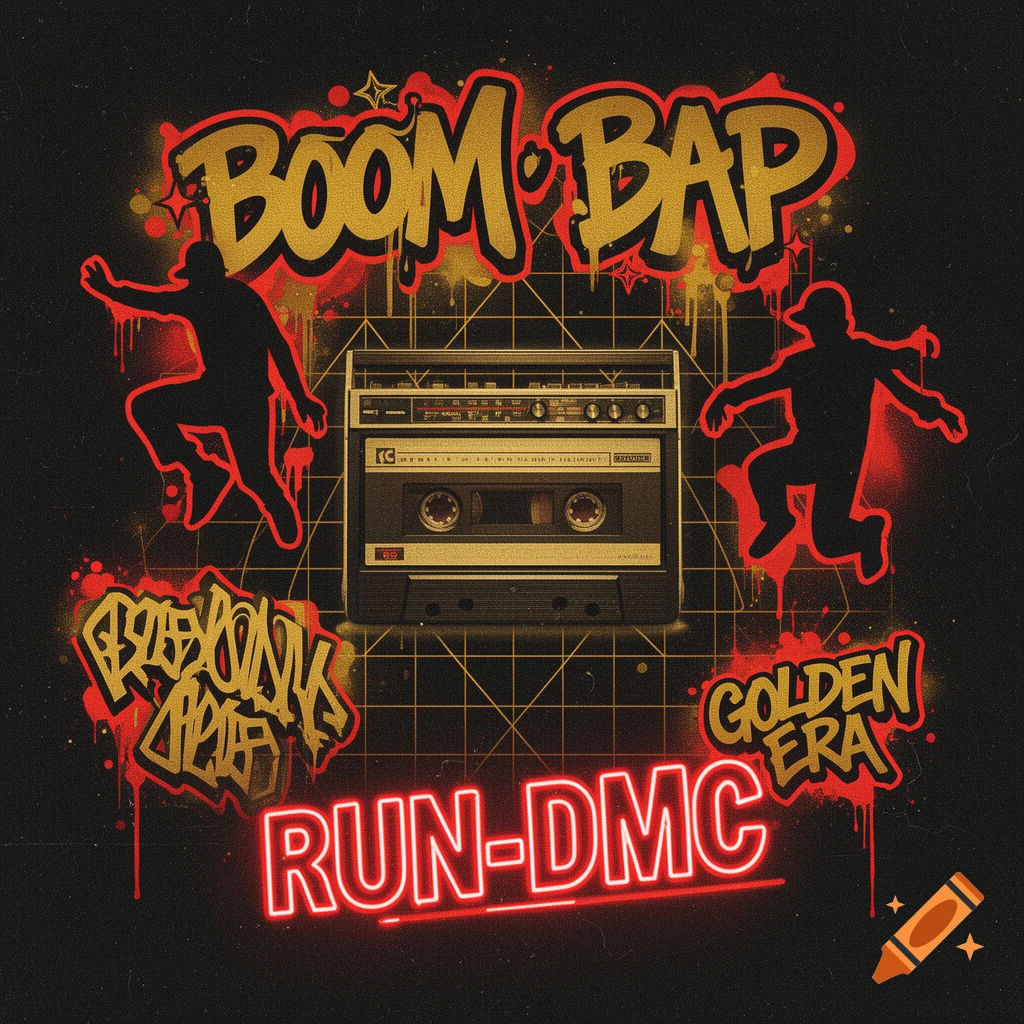 90s old-school hip-hop album art with boombox, graffiti 'Boom Bap', 'Golden Era', 'Run-DMC', and breakdance silhouettes.