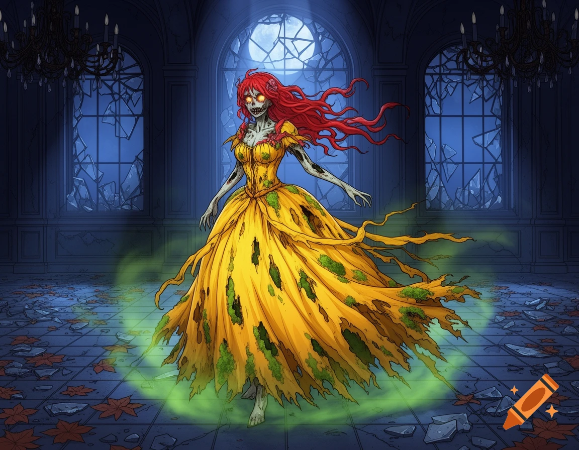 Anime-style zombie woman with red hair and glowing eyes in a tattered yellow gown, standing in a ruined ballroom under moonlight.