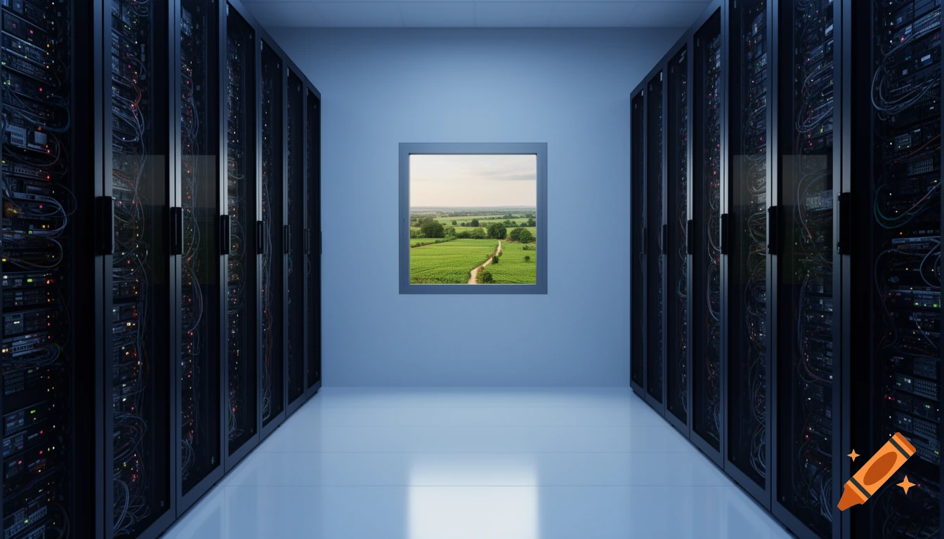 A futuristic data center interior with rows of server racks, featuring a small window revealing a lush green farmland landscape.