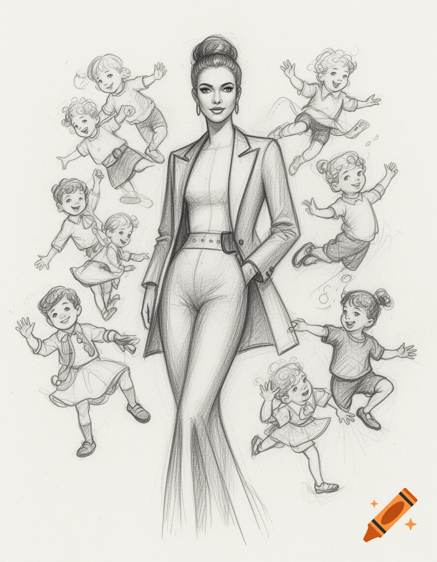 Pencil sketch of a stylish woman in a pantsuit surrounded by many happy, playing children.