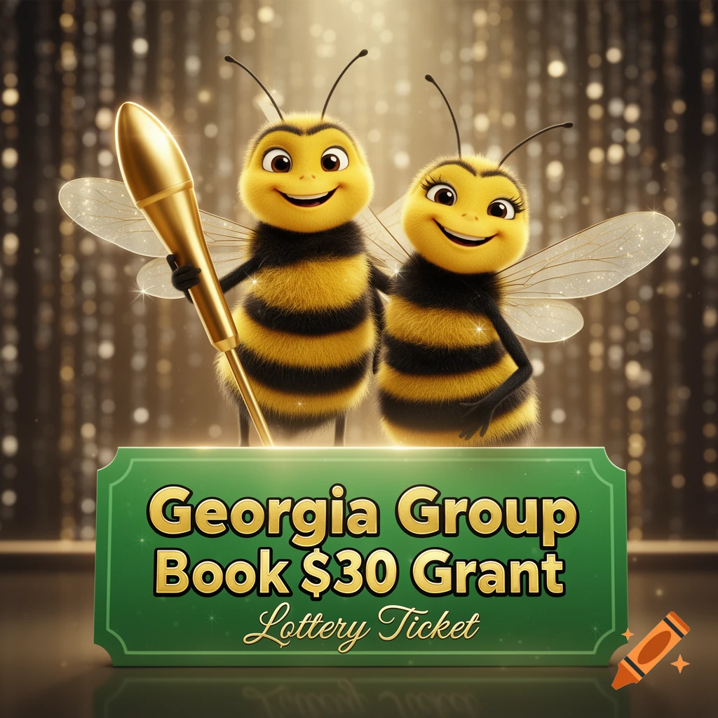 Two smiling cartoon honeybees, one holding a golden scratcher, stand behind a green 'Georgia Group Book $30 Grant Lottery Ticket' sign on a sparkly background.
