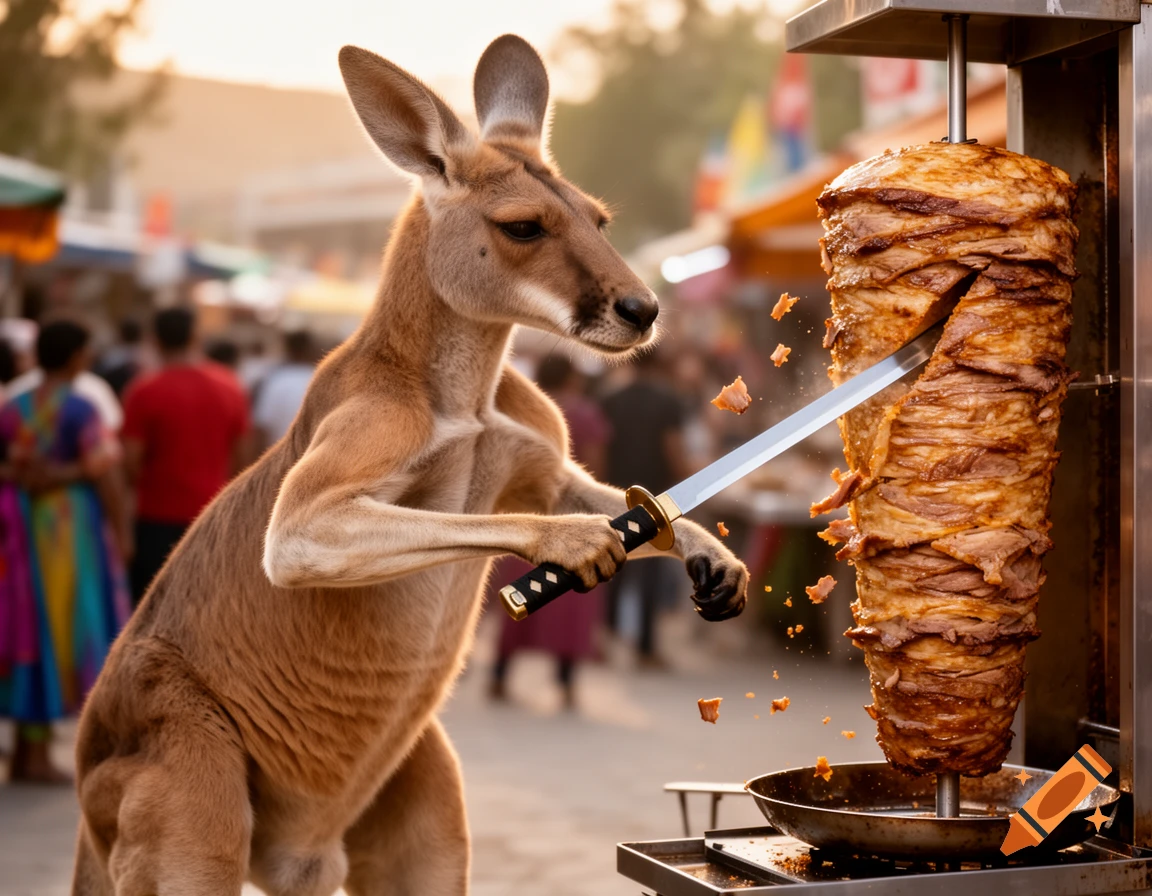 Photorealistic muscular kangaroo in a busy market slicing meat from a d n er kebab spit with a samurai sword.