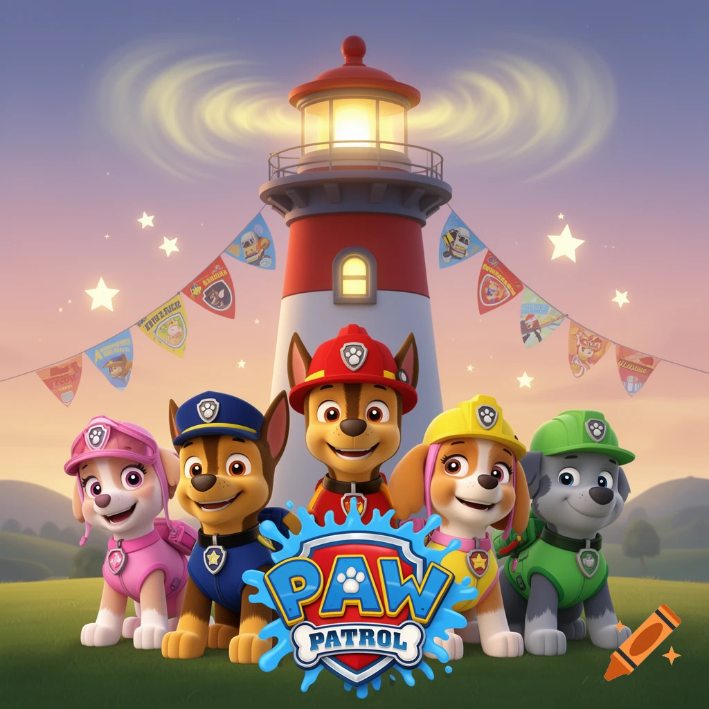 Cartoon characters from Paw Patrol, including Chase, Marshall, Skye, and Rocky, stand in front of a lighthouse with festive banners at sunset.