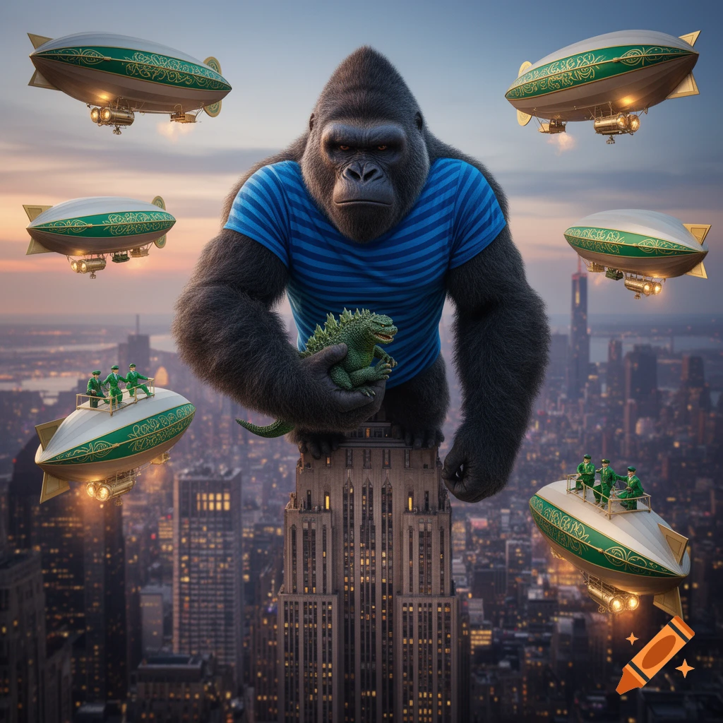 Giant gorilla in a blue striped shirt on a skyscraper, holding a small green kaiju, surrounded by airships over a city.
