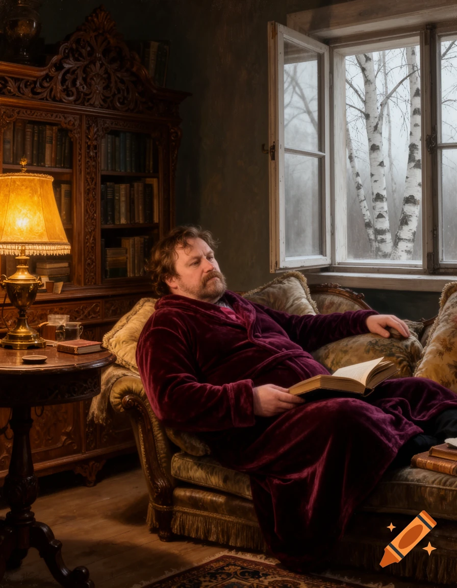 Man in a red velvet robe reclines on an ornate couch, reading a book in a dimly lit room with a window view of birch trees.