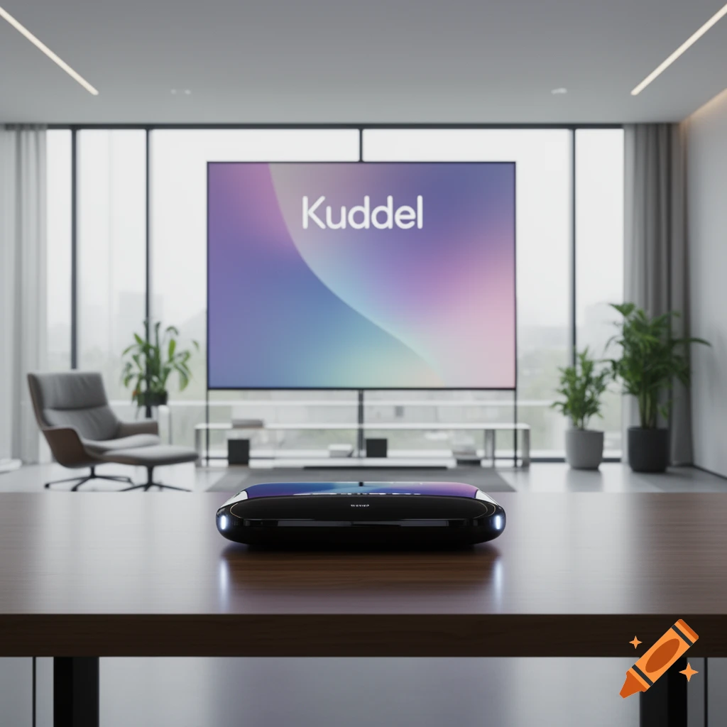 A sleek black electronic device on a wooden table, with a large screen in the background displaying 'Kuddel' in a modern room.