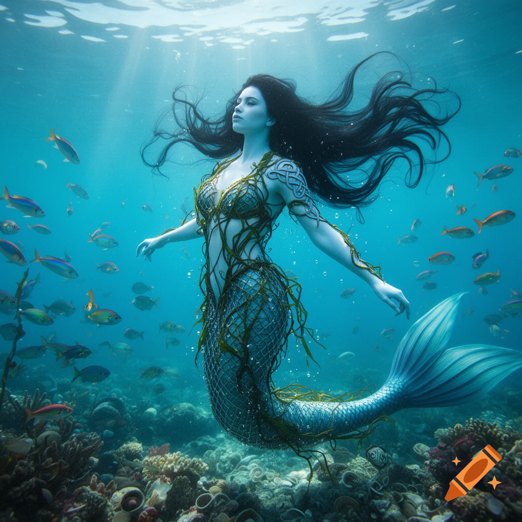 A mermaid with pale blue skin, long black hair, and vine armor swims gracefully in a vibrant underwater coral reef, sunlight streaming down.