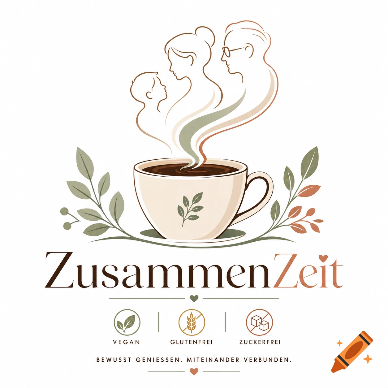 A minimalist logo features a coffee cup with steam forming profiles of a child, adult, and senior. Leaves surround the cup. Text reads 'ZusammenZeit' and 'VEGAN', 'GLUTENFREI', 'ZUCKERFREI', and 'BEWUSST GENIESSEN. MITEINANDER VERBUNDEN.'