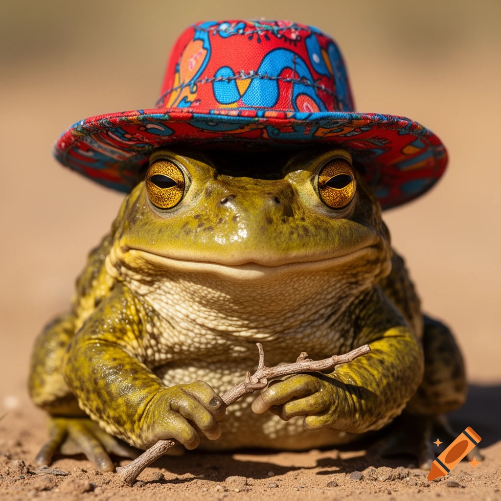 A hyperrealistic close-up of a smiling toad wearing a colorful hat, holding a small twig on sunny ground.