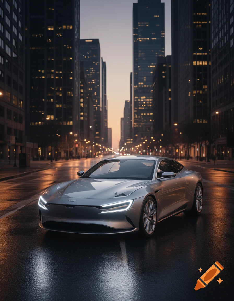 A sleek silver electric car drives down a wet city street at dusk, reflecting the lights of surrounding skyscrapers. Photorealistic.