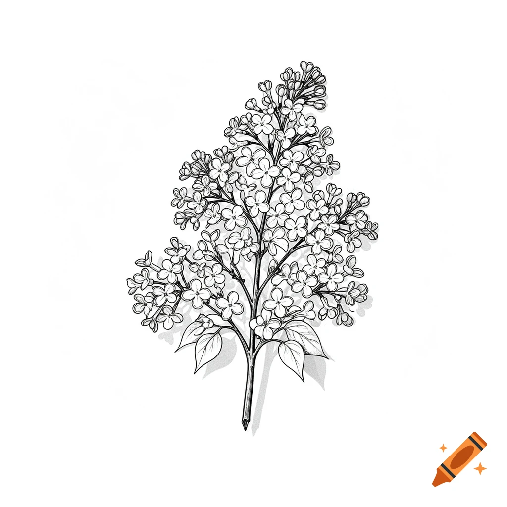 A black and white line drawing of a cluster of lilac flowers and leaves with subtle shading.