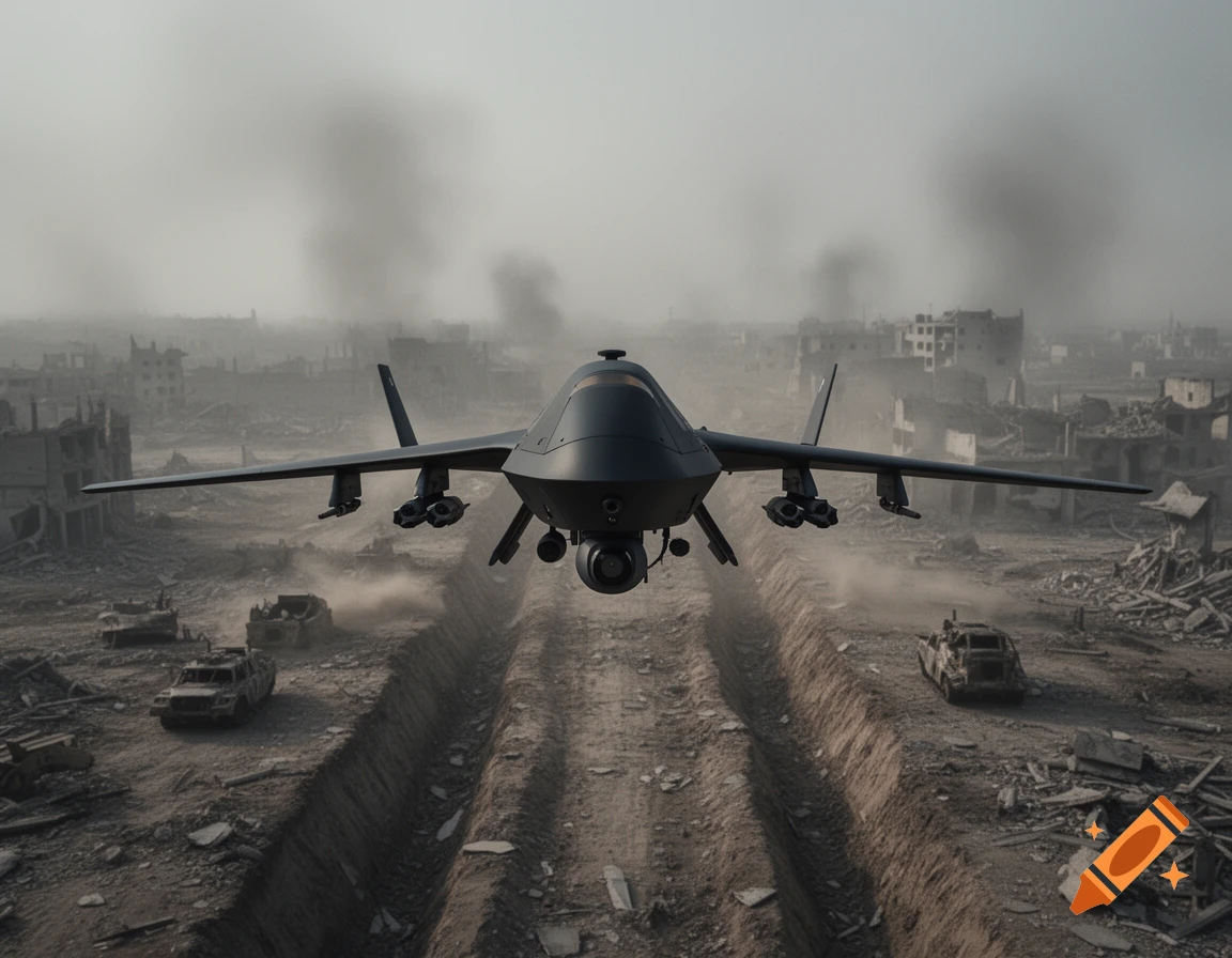 A dark gray military drone flies low over a dusty, war-torn city with destroyed buildings, smoking rubble, and ground vehicles, photorealistic.