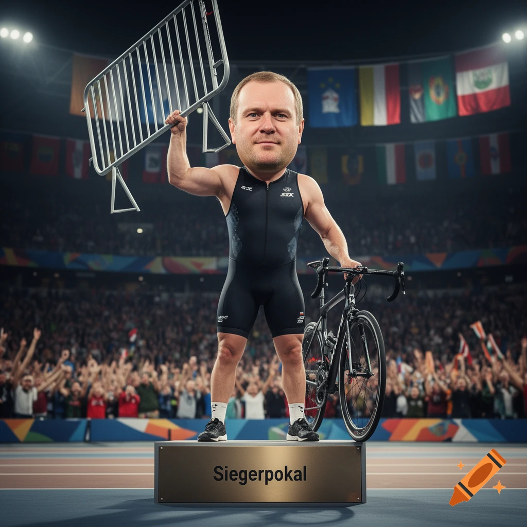 Photorealistic image of a man with a large head in a triathlon suit on a podium, holding a barrier and a racing bicycle in a stadium.