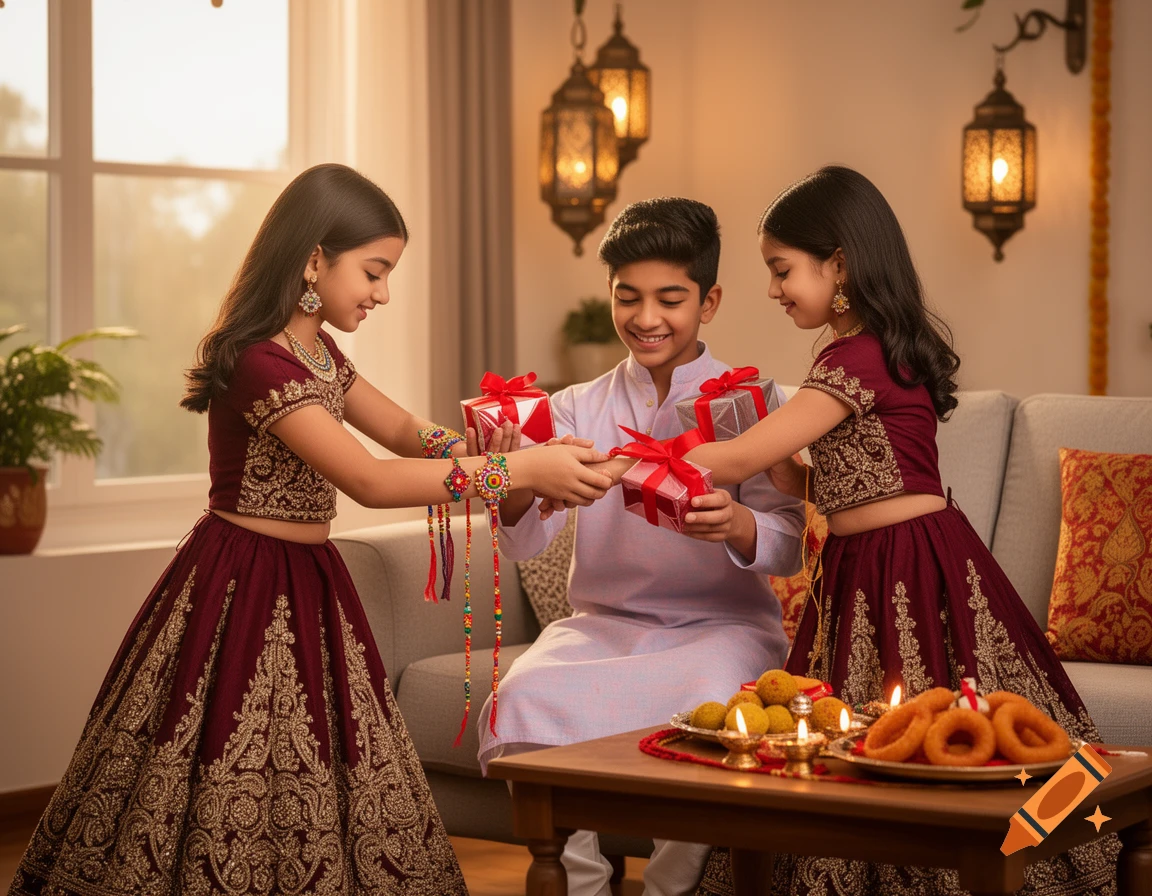 Two young girls and a boy celebrating an Indian festival, exchanging gifts and rakhis in a photorealistic indoor scene.