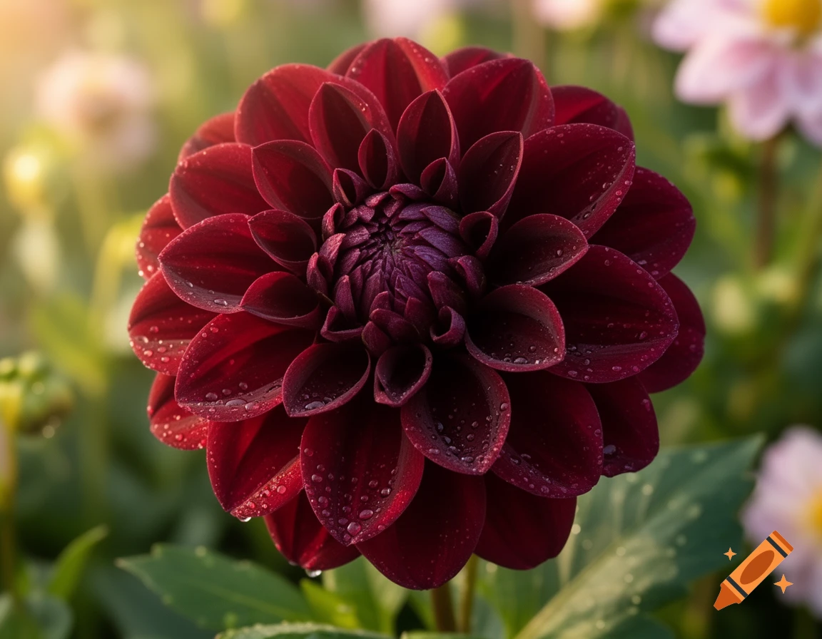 A vibrant, dark red dahlia flower with water droplets on its petals, set against a soft, blurred green background.