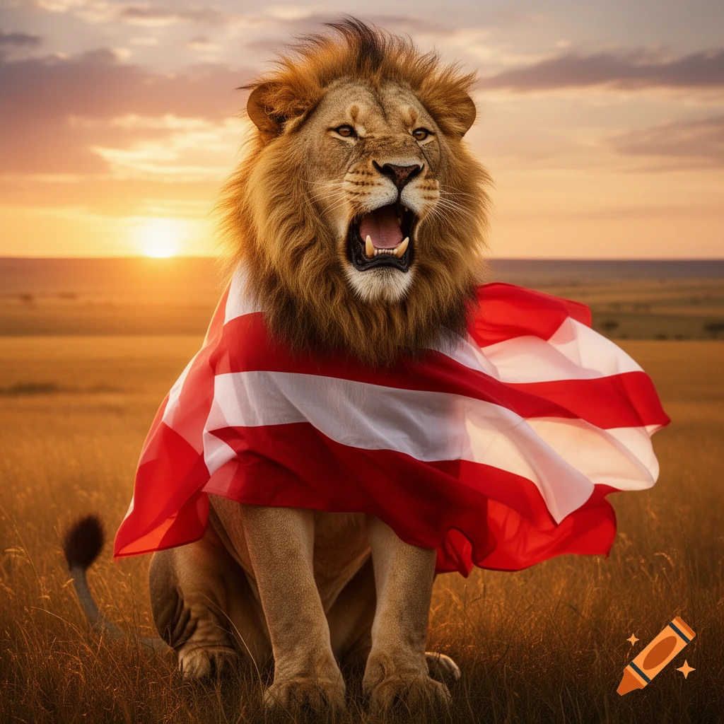 A majestic lion, roaring with its mouth open, sits in a golden savanna at sunset, draped in a red and white striped flag.