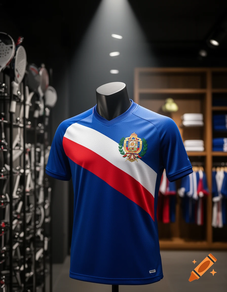 Photorealistic blue, white, and red soccer jersey with a crest on a mannequin in a retail store.
