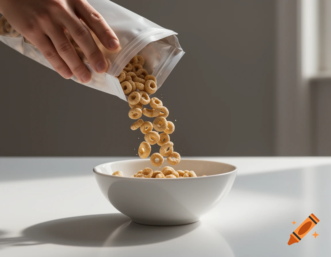 A hand pours golden loop cereal from a white pouch into a white bowl on a bright table.